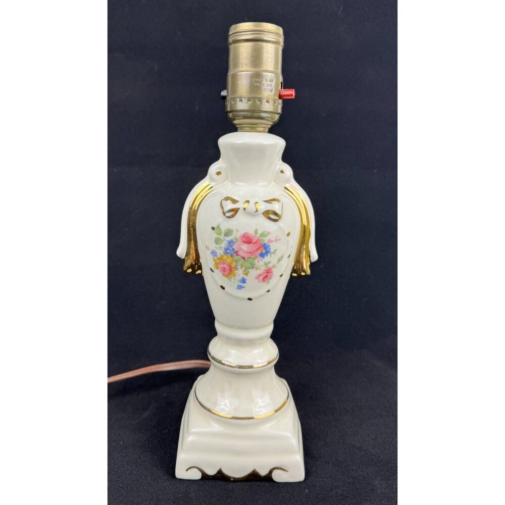 Vintage Ceramic Table Lamp Boudoir Floral Design Gold Accents 5 ft Power Cord